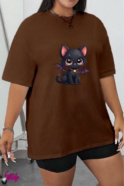 SevMode In Cart 5 and Above Purchases Get 1 T-Shirt as a Gift - Black Cat Printed Large Size T-Shirt