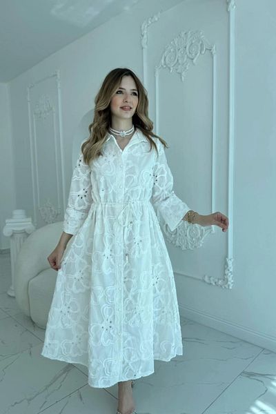 HELİS BUTİK White waistline lace up brode dress
