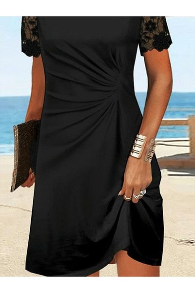 İpeksi Silky Women's Short Sleeve Round Neck Lace Sleeve Detail Viscose Dress