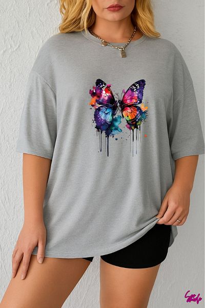 SevMode In the Cart, 1 T-Shirt Is a Gift for Purchases of 5 or More - Colorful Butterfly Printed Large Size T-Shirt