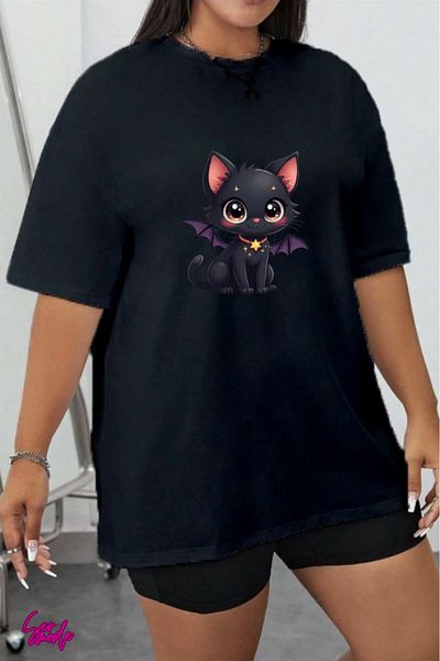 SevMode Black Cat Printed Large Size T-Shirt