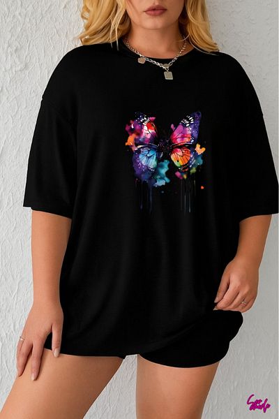 SevMode In the Cart, 1 T-Shirt Is a Gift for Purchases of 5 or More - Colorful Butterfly Printed Large Size T-Shirt