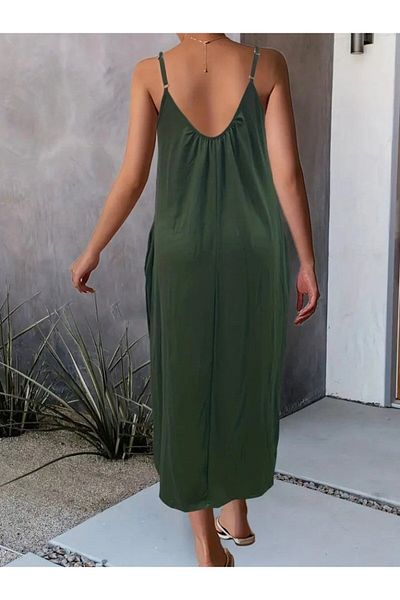 Moda Asmira Women's Rope Strap Wide V-Neck Pocket Viscose Dress