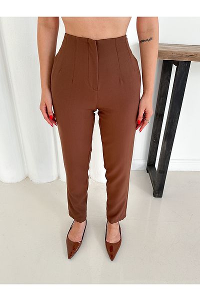 A&O Style Women's Brown High Waist Lifting Lycra Fabric Pants with Clips