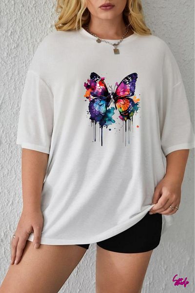 SevMode In the Cart, 1 T-Shirt Is a Gift for Purchases of 5 or More - Colorful Butterfly Printed Large Size T-Shirt
