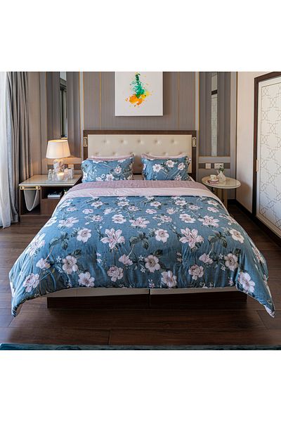 Cottage Microfiber King Comforter 6 Pcs Set, Blue/Pink, 230*250Cm