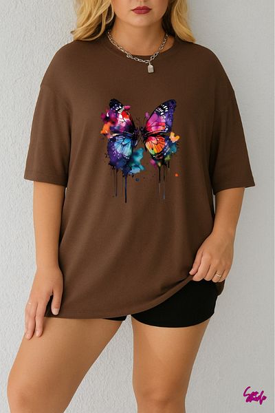 SevMode In the Cart, 1 T-Shirt Is a Gift for Purchases of 6 or More - Colorful Butterfly Printed Large Size T-Shirt