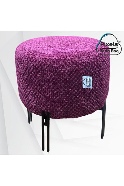 PixelsBeanBag Pixel Bean Bag Round Linen Ottoman with Metal Base for Living Room and Bedroom