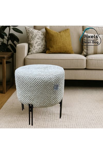 PixelsBeanBag Pixel Bean Bag Round Linen Ottoman with Metal Base for Living Room and Bedroom