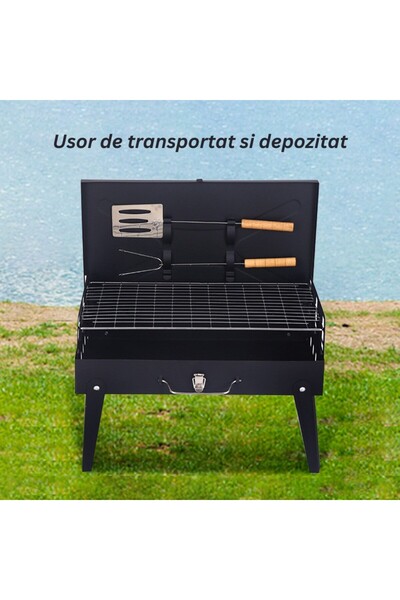 UNİBOX Portable Barbecue, Foldable, Briefcase Type, With Accessories Included, Metallic, 46x43 cm, Black,