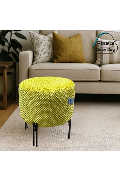 PixelsBeanBag Pixel Bean Bag Round Linen Ottoman with Metal Base for Living Room and Bedroom
