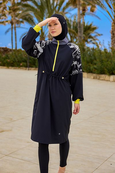 Marina Swimwear Black Full Covered Hijab Swimsuit with Stopper and Ankle Elastic Design M2512
