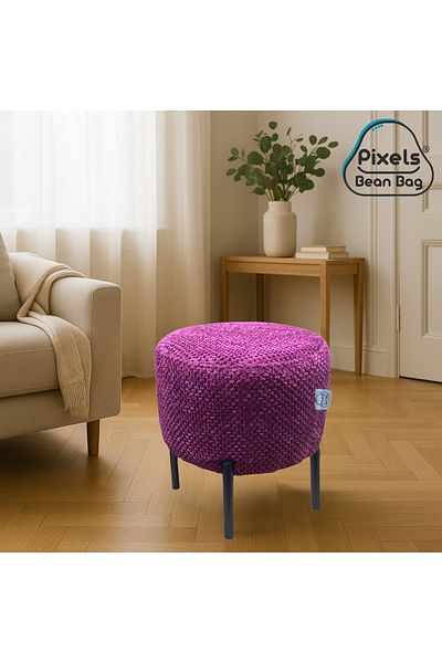 PixelsBeanBag Pixel Bean Bag Round Linen Ottoman with Metal Base for Living Room and Bedroom