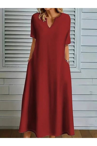 Masspera V-Neck Short Sleeve Pocket Detail Long Crepe Dress