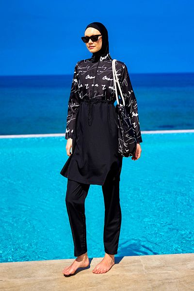 A Andalus Black Full Covered Hijab Swimsuit – Judge Collar, Drawstring Detail, 4 Piece Set R2501