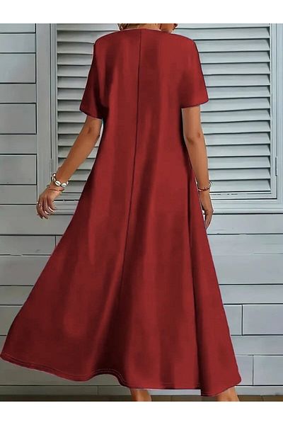 Masspera V-Neck Short Sleeve Pocket Detail Long Crepe Dress