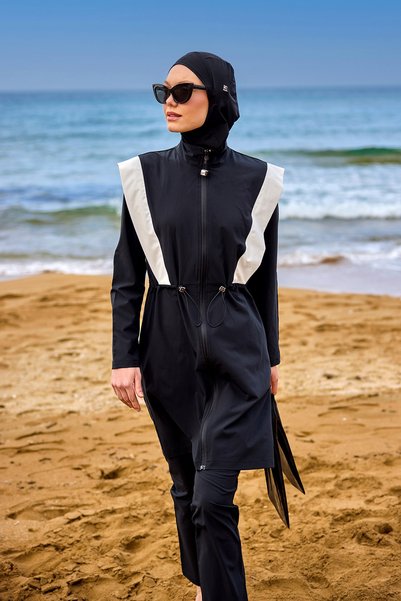 Marina Swimwear Black Full Covered Hijab Swimsuit – Stopper Detailed, M2526-1