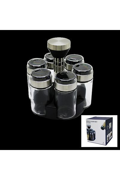 Beruflic 6 Pieces Round Glass - Chrome Plated Lid Salt Shaker - Spice Rack with Rotating Stand