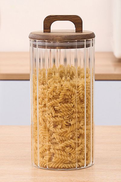 Meturas 1250 ml Glass Storage Container – Acacia Lid with Handle, Striped Design, Leakproof Silicone