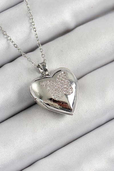 Dazzlecave 316L Stainless Steel Butterfly Motif Heart Shaped Necklace Elegant Women's Jewelry Meaningful Gift