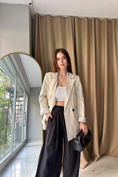 lizge giyim Sleeve Lining Line Detail Linen Jacket