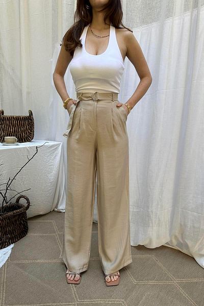 lizge giyim Belted Double Pleated Baggy Pants