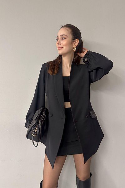 lizge giyim Pul Sequence and Chifon Detail Shawl Collar Jacket
