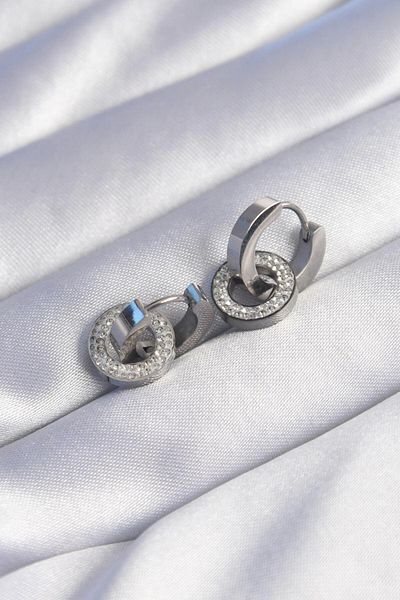 Dazzlecave 316L Stainless Steel Dangle Earrings with Stone Hoop Detail – Silver Color, Modern and Sparkling Design
