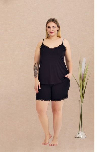 Viselya Black Thin Strap Plus Size Shorts Suit