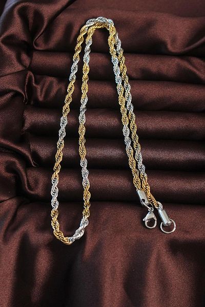 Dazzlecave 316L Stainless Steel 60cm Men's Rope Chain Necklace – Gold and Silver Color Double Tone Design