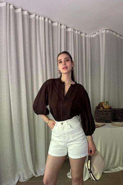 lizge giyim Nervür Detail Balloon Sleeve Shirt