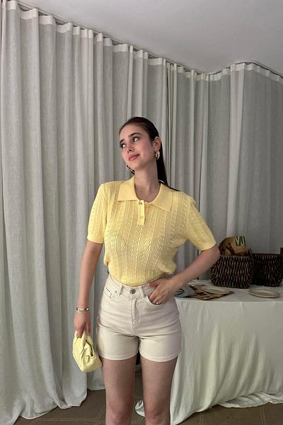 lizge giyim Polo Collar Buttoned Openwork Knitwear Bluz