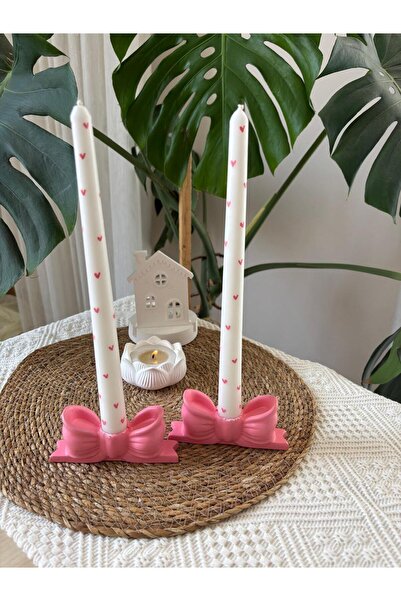 FLAME CANDLE HANDMADE CANDLES DEKORATİF , 2'Lİ PEMBE KALPLİ ŞAMDAN MUMU VE PE...