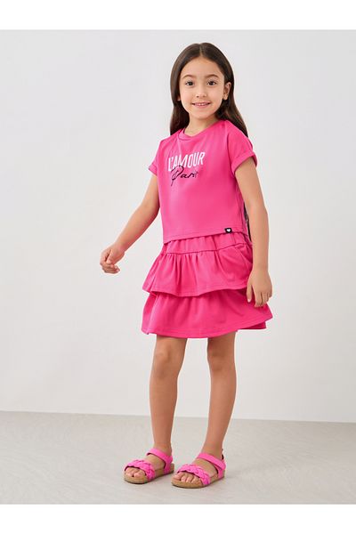 Styli Slogan Print T-Shirt and Layered Skirt Set
