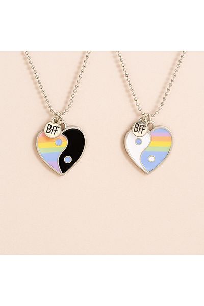 Rose Veran BFF Friendship Necklace Set with Yin Yang Hearts, Silver Chain – 2 Pieces