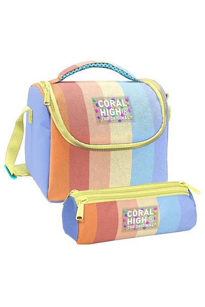 Coral High Girl's Orange Yellow Blue Colored Striped Thermo Lunch Box and Three Compartment Pen Holder