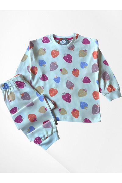 Pajama Shop Girl's 100% Cotton Fabric Strawberry Patterned Ecru Long Sleeve Winter Pajama Set
