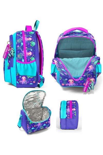 Coral High Three Compartment Lavender Turquoise Jellyfish, Girls, Primary School Triple School Bag Set