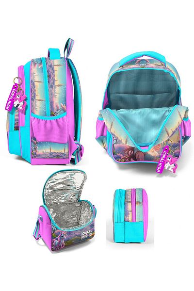 Coral High Three Compartment Turquoise Pink Anime Girl, Girl, Primary School Triple School Bag Set