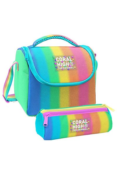 Coral High Girl's Colorful Striped Blue Orange Thermo Lunch Box and Three Compartment Pen Holder Set