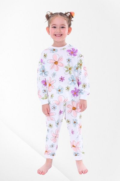 Pajama Shop Girls' 100% Cotton Fabric Flower Pattern White Long Sleeve Winter Pajamas Set