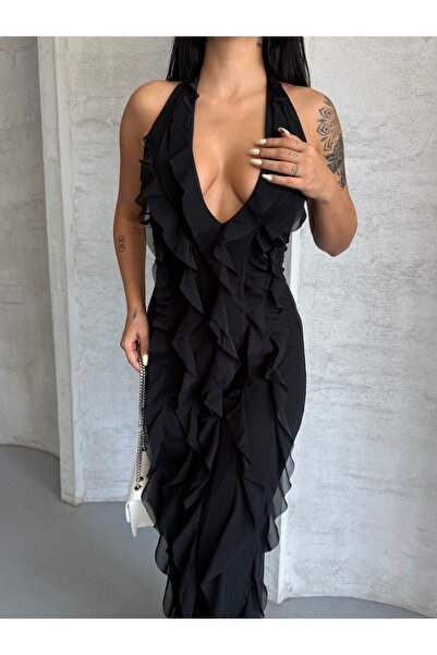 Ekim Store Siyah Fırfırlı Degaje Yaka Tül Elbise