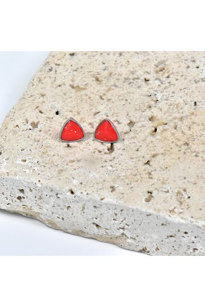 NARRU Handmade earrings, stylized triangle, red and silver, Vasia
