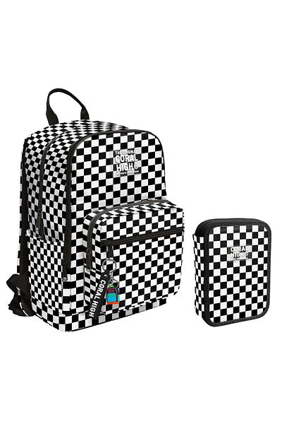 Coral High Black and White Checkered Girl's School Bag and Organizer Pen Holder Set - Primary School and Middle School