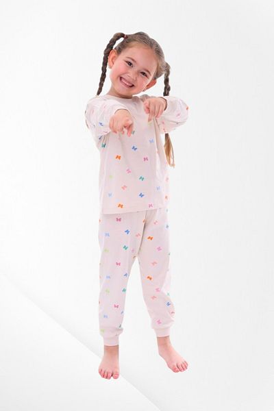 Pajama Shop Girls' 100% Cotton Fabric Butterflies Patterned Cream Long Sleeve Winter Pajama Set