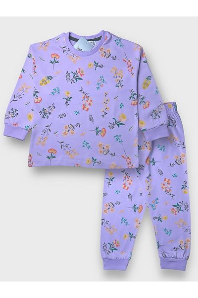 Pajama Shop Girls' 100% Cotton Fabric Flowers Pattern Lilac Long Sleeve Winter Pajamas Set