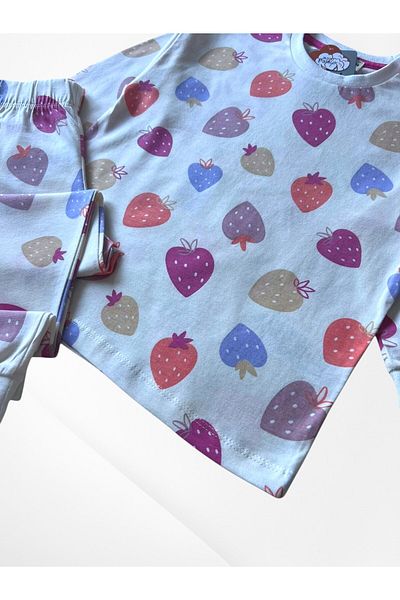 Pajama Shop Girl's 100% Cotton Fabric Strawberry Patterned Ecru Long Sleeve Winter Pajama Set