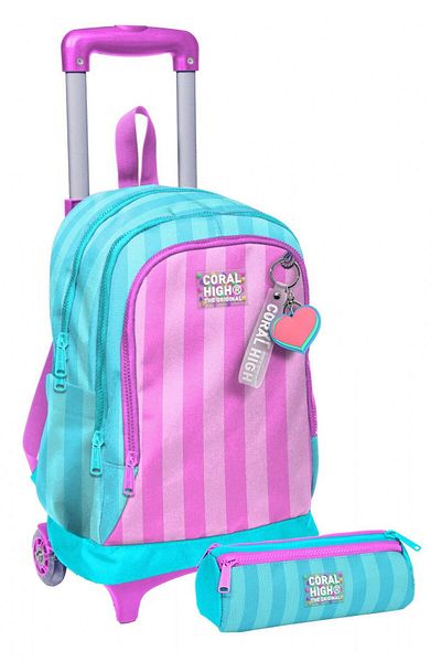 Coral High Girl's Lighted Wheel, Turquoise Pink Striped Printed, Primary School Rickshaw Bag and Pen