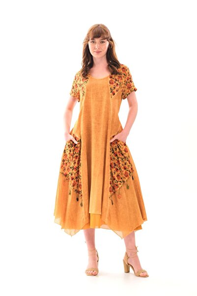 ERC 4588 Büyük Beden Asimetrik Etek Cepli Kısa Kol Otantik Pamuklu Elbise