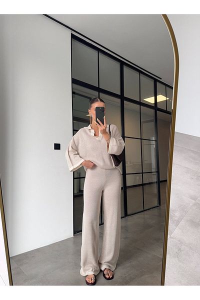 BB Bensu Buyruk Polo Collar Blouse Pants with Hole Knit Set